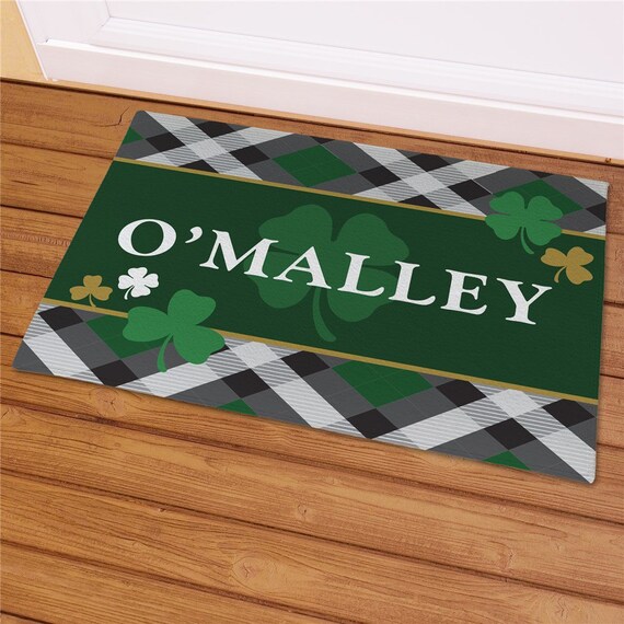 St. Patrick's Day Welcome Doormat - Green Buffalo Plaid & Shamrocks, 17x30 Inch, Indoor/Outdoor
