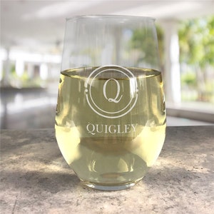 Engraved Circle Initial Contemporary Stemless Wine Glass, wine glass, gift for her, engraved wine glass, bridesmaid wine glass with name