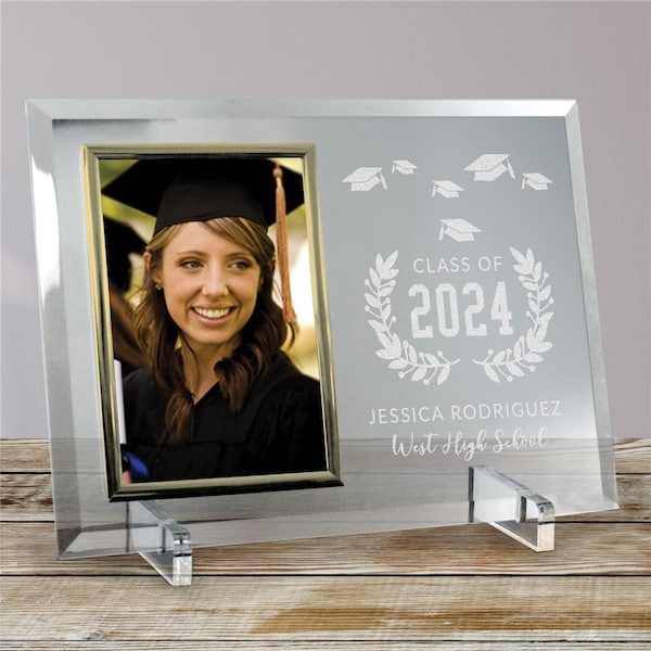 Engraved Class Of with Hats & Floral Glass Frame, Graduation Gift For Her, For Him, Class Of 2024, Class Of 24, Grad Gifts, College Grad