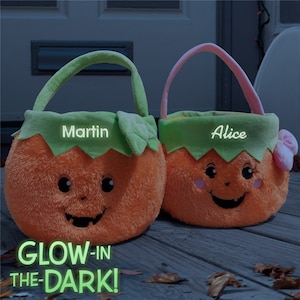 Embroidered Name Fuzzy Pumpkin Trick or Treat Basket with Glow in the Dark Thread, Trick or Treat Bag, Halloween Treat Bag, Halloween Bag