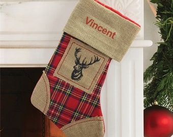 Reindeer Plaid Burlap Personalized Christmas Stocking, personalized christmas stocking, family christmas stocking, for kids -gfyS1384110RN