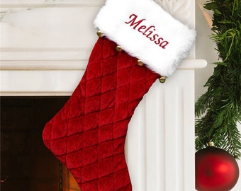 Embroidered Red Quilted Stocking with Bells, Christmas stocking personalized, personalized stocking, xmas stocking with name -gfyS105679