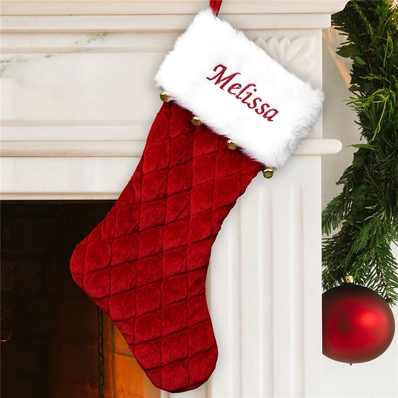 Embroidered Red Quilted Stocking with Bells, Christmas stocking personalized, personalized stocking, xmas stocking with name gfyS105679 image 1