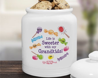 Life Is Sweeter Personalized Ceramic Cookie Jar, cookie jar, cookie container, cookie, ceramic, white, personalized, colorful candy jar