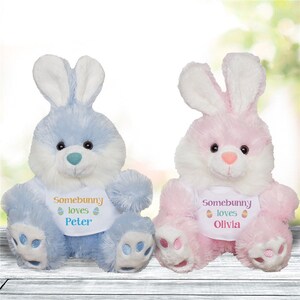 Personalized Somebunny Loves Me Plush Easter Bunny, plush bunny, Easter gift for kids, easter basket stuffer, plush animal with t-shirt