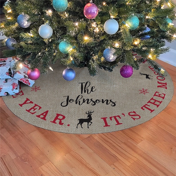 Personalized Most Wonderful Time of the Year Christmas Tree Skirt, Christmas Home Decor, Custom Tree Skirt With Deer Design, Gift For Mom