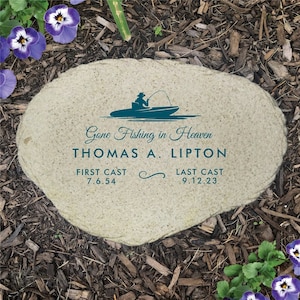 Gone Fishing in Heaven Personalized Memorial Garden Stone, in memory of lost loved one, temporary grave marker, fisherman -gfyUV1745815