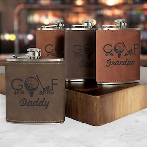 Golf Design Engraved Flask, personalized flask, custom leatherette  flask, father&#39;s day, engraved flask, golf accessories, gift for him