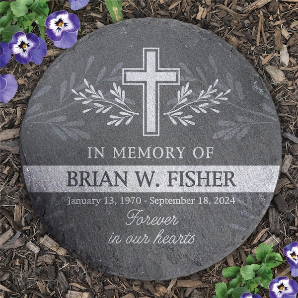 Engraved Cross with Leaves Memorial Round Slate Stone, Memorial Garden Stone, Grave Marker, Condolence, Religious Memorial, Cross Design