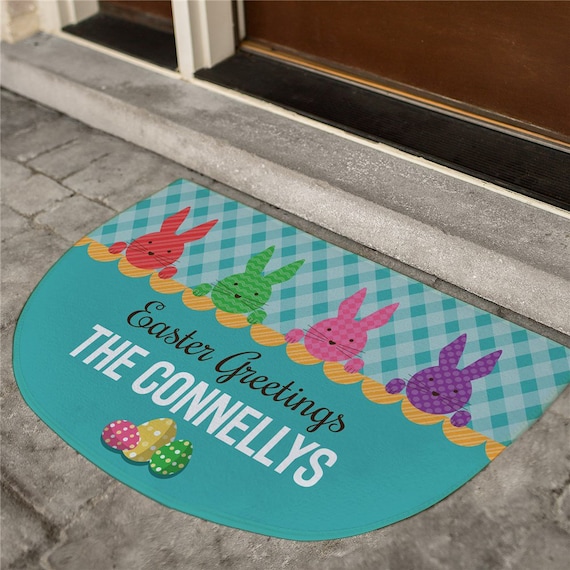 Personalized Plaid With Bunnies Half Moon Doormat Personalized Easter Doormat Personalized Doormat Garden Decor Custom Gfyu14247116