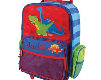 Embroidered Dinosaur Rolling Luggage [back to school, dinosaur, luggage, backpack, boys, rolling, school, elementary, blue, red] -gfyE000276