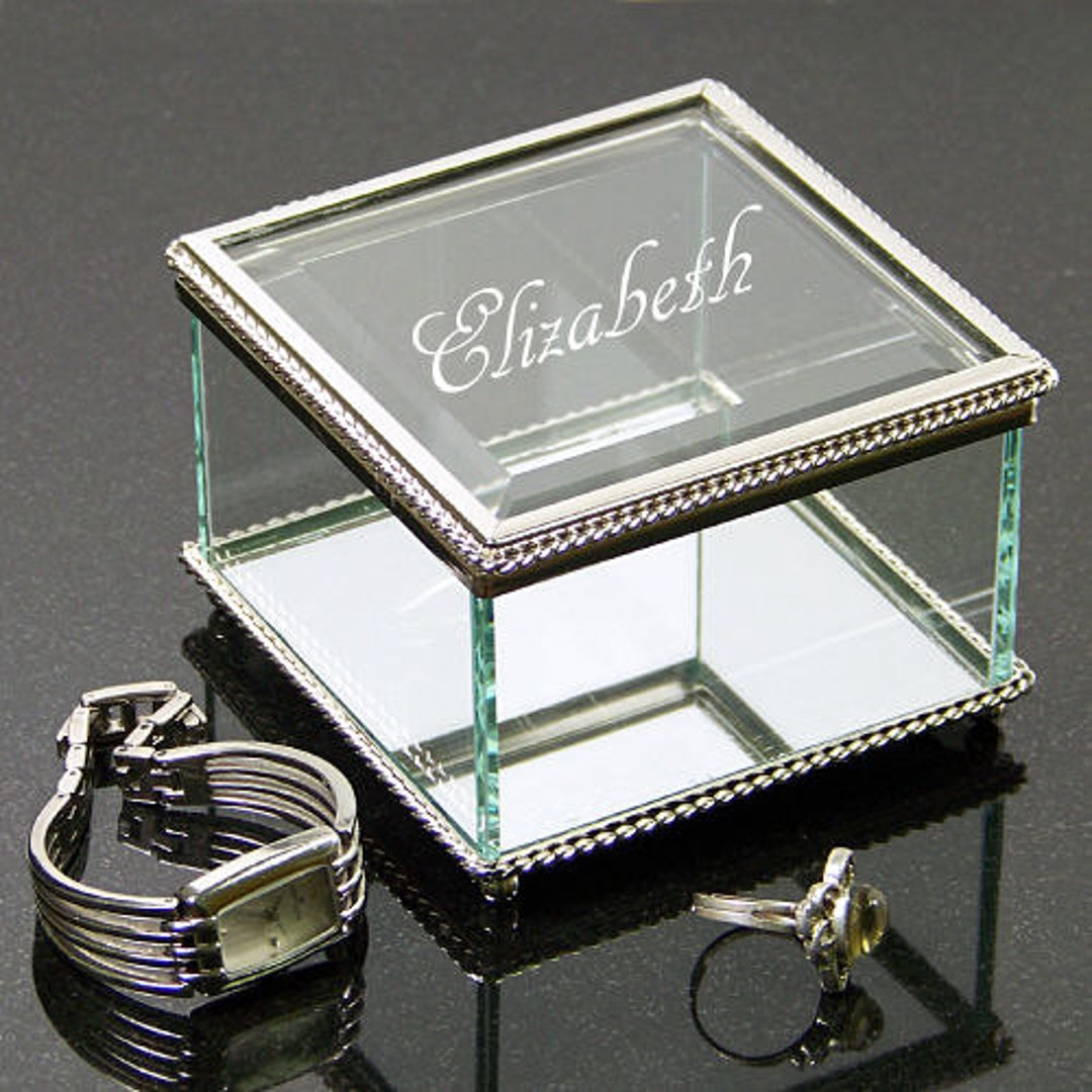 Glass Jewelry Box Engraved With Name, Personalized Mirrored Jewelry Box
