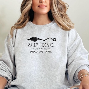Salem Broom Co. Sweatshirt, personalization Sweatshirt, Halloween Sweatshirt, Fall Crewneck Sweatshirt, Black Halloween Shirt, Broom Rental
