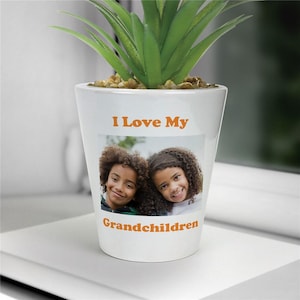 May include: White ceramic planter with a photo of two children and the text "I Love My Grandchildren" in orange.