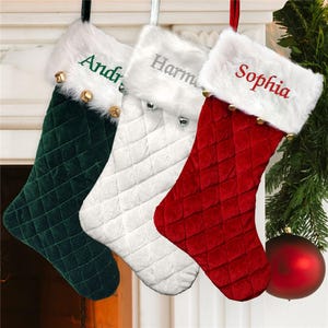 Embroidered Red Quilted Stocking with Bells, family Christmas stocking, personalized stocking, xmas stocking with name, Green Stocking