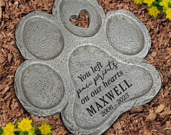 Engraved Paw Prints on Our Hearts Paw Print Shaped Personalized Pet Memorial Garden Stone, dog grave marker, Pet Memorial, Pet Garden Stone