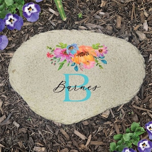 Personalized Rustic Florals Flat Garden Stone, Garden Decor, Garden Rock, Stepping Stone, Gifts For Her, Housewarming Gift, Last Name Design