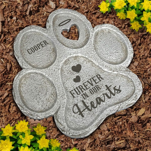 Engraved Furever in our Hearts Paw Print Stone, dog grave marker, multiple pet memorial, custom memorial stone, dog memorial stone,