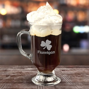 Engraved Shamrock Irish Coffee Mug, Glass Coffee Mug, Personalized Coffee Mug, Name Mug, Irish Mug, St. Patrick&#39;s Day, Irish Coffee Glass