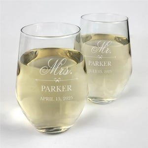 Copas de vino grabadas para el Sr. y la Sra., copas de vino para bodas, copas de brindis para bodas, juego de 2, copas de vino sin tallo personalizadas