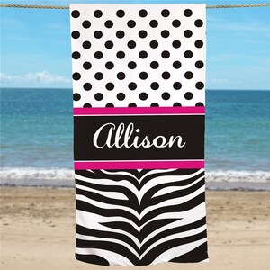 Personalized Zebra Print Beach Towel, Personalized Kids Towel, Beach Towel, Custom Pool Towel, Gift For Girls, Birthday Gift, Vacation Gift