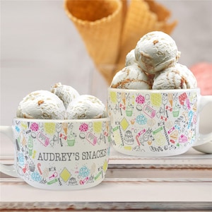 Personalized Bowl With Dessert Icon Background And Handle, Ceramic Personalized Bowl, Bowl With Name Personalization, Kids Ice Cream Bowl