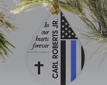 Police Flag Memorial Tear Drop Personalized Glass Ornament, christmas police ornament, memorial gift, memorial ornament -gfyL11773111-police