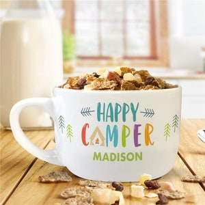 Personalized Happy Camper Bowl with Handle and Name, Custom Snack Bowl, Cereal Bowl, Gift For Kids, Unique Birthday Gift, Ice Cream Bowl