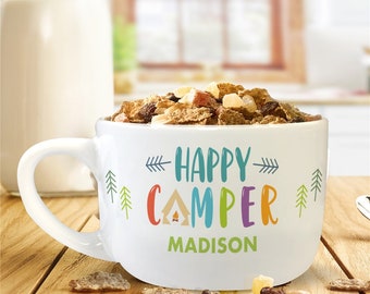Personalized Happy Camper Bowl with Handle and Name, Custom Snack Bowl, Cereal Bowl, Gift For Kids, Unique Birthday Gift, Ice Cream Bowl