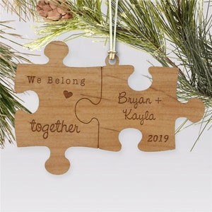 Engraved Couple’s Puzzle Wood Cut Ornament, couples puzzle piece ornament, wedding ornament, engagement ornament, couples gift -gfyW106950