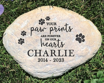 Engraved Paw Prints On Our Hearts Large Garden Stone, Pet Memorial, Large Pet Memorial Garden Stone, Personalized Grave Stone, Dog Memorial