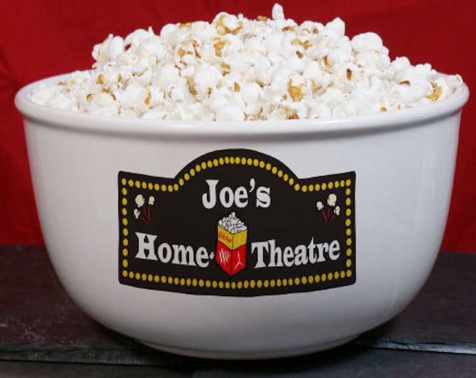 Home Theatre Personalized Ceramic Bowl, ceramic bowl, personalized, popcorn bowl, white, kitchen, dishware, for kids, for adults -gfyU181113