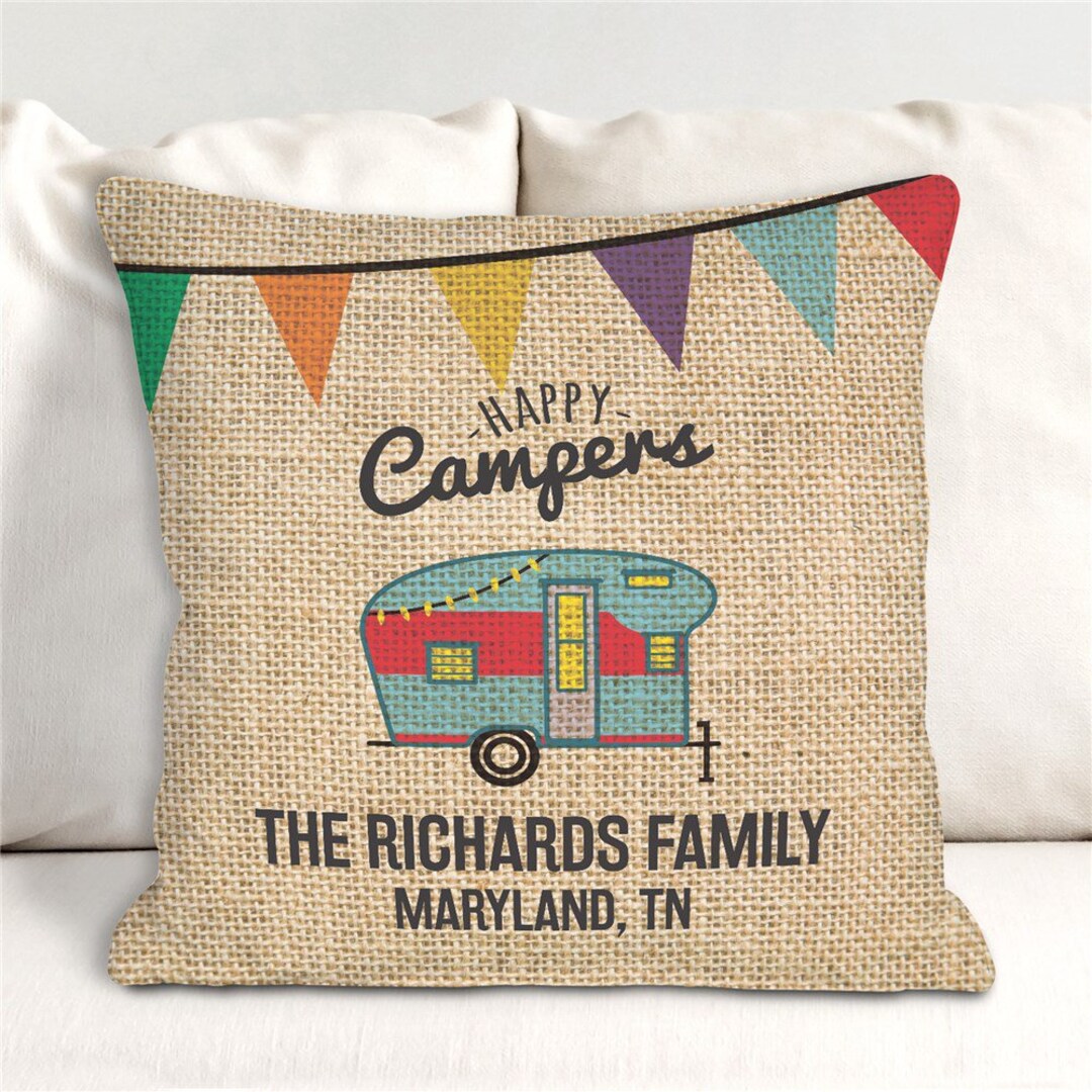 Personalized Happy Camper Throw Pillow, Personalized Pillow, Customized Pillow, Home Decor