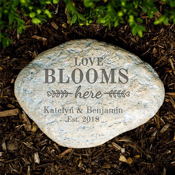 Engraved Love Blooms Here Large Garden Stone, garden decor, personalized, grey, outdoor decor, family name, housewarming -gfyL1267614P