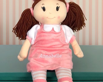 Embroidered Little Darlings Brunette Plush Dolly, plush doll, gift for kids, baby girl, custom doll, baby toy, first doll, washable doll