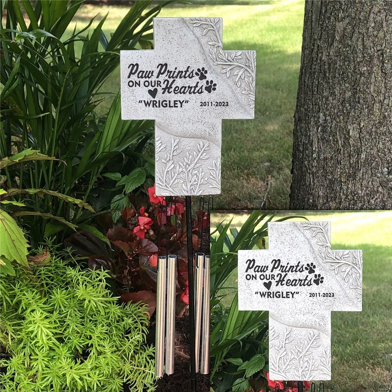 Engraved Paw Prints on Our Hearts Personalized Pet Memorial Wind Chime, Dog Grave Marker, Burial Marker, Pet Sympathy Gift, Memorial Plaque image 1