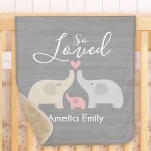 Personalized So Loved Sherpa Blanket for Baby, baby blanket, elephant, pink, blue, personalized blankie, baby shower, newborn blanket