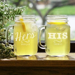 Engraved His or Hers Mason Jar Set, personalized mason jar, couples gift, couples mason jars, custom wedding mason jars, bridal shower gift