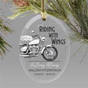 Motorcycle Memorial, Personalized Riding With Wings Glass Oval Memorial Ornament, Memorial Ornament, Gifts For Him, In Memory Of, Sympathy