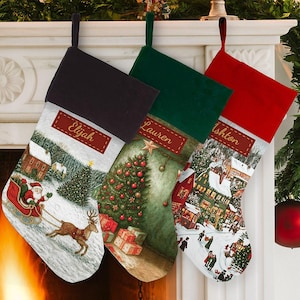 Vintage Personalized Christmas Stocking, Nostalgic Holiday Decor, Custom Name Fireplace Stocking, Family Stockings, Christmas Scenes