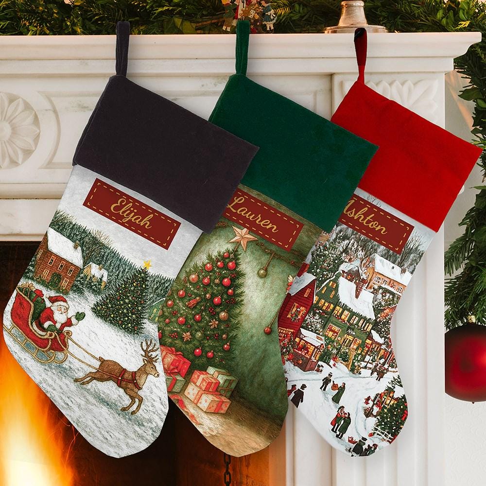 Vintage Personalized Christmas Stocking, Nostalgic Holiday Decor, Custom Name Fireplace Stocking, Family Stockings, Christmas Scenes