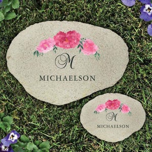 Personalized Pink Peonies Flat Garden Stone With Family Name And Initial, Floral Custom Garden Decor, Outdoor Garden Rock, Gifts For Her