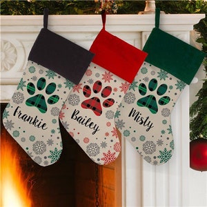 Personalized Plaid Paw with Snowflakes Stocking, Custom Pet Stocking, Dog Christmas Stocking, New Dog Gift, Personalized Gifts For Dog Lover