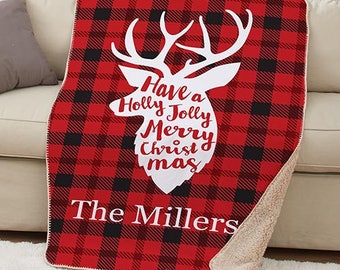 Plaid Deer Personalized Sherpa Throw, christmas gift, red, black, personalized blanket, christmas decor, reindeer, custom -gfyU1189287