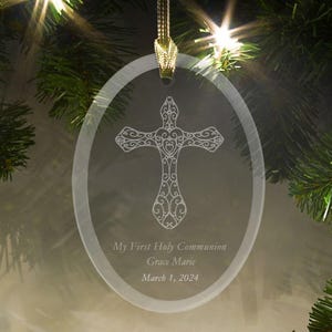 Engraved Cross Glass Holiday Ornament, Personalized Cross Glass , Glass with Cross and Custom Message, Cross Ornament, Christian Gift