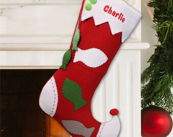 Personalized Christmas Stocking with Fish Applique, christmas stocking with name, embroidered xmas stocking, custom stocking -gfyS57099