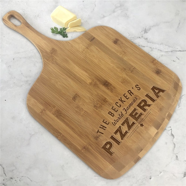 Engraved World Famous Pizzeria Personalized Pizza Board, Personalized Pizza Peel, Pizzeria Gift, Bamboo Pizza Paddle, Custom Pizza Gift