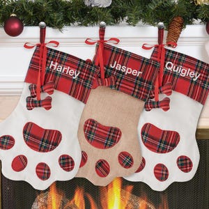 Embroidered Plaid Paw Stocking, personalized dog christmas stocking, personalized christmas stocking, custom stocking for pet, dog stocking