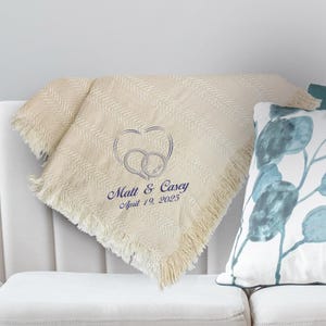 Embroidered Wedding Afghan, Chenille, anniversary gift, white blanket wedding gift, embroidered blanket with wedding date, custom blanket