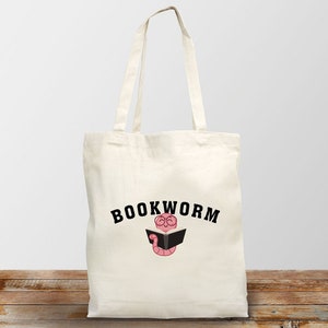 Bookworm Tote Bag, Canvas Tote Bag, Reusable Bag, Birthday Gift For Her, Gift For Friend, Gift For Mom, Library Bag, Book Lover Gift